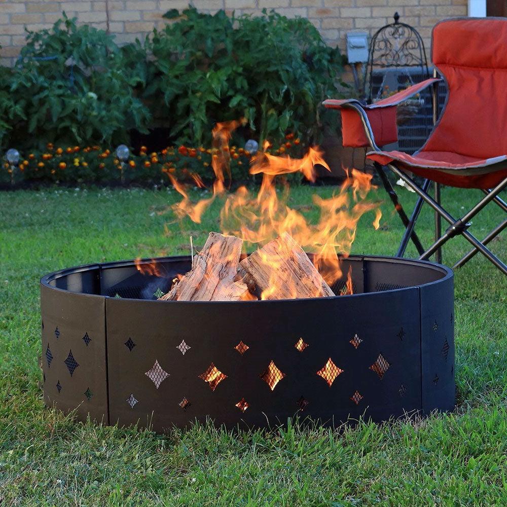 Heavy Duty 36-inch Black Steel Fire Pit Ring with Diamond Pattern - PRHOMZ