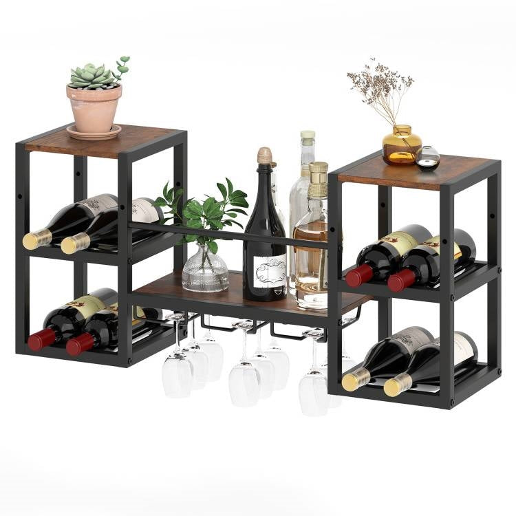 Industrial Wood Metal Wall Mounted Wine Rack Shelf with Glass Holders-0