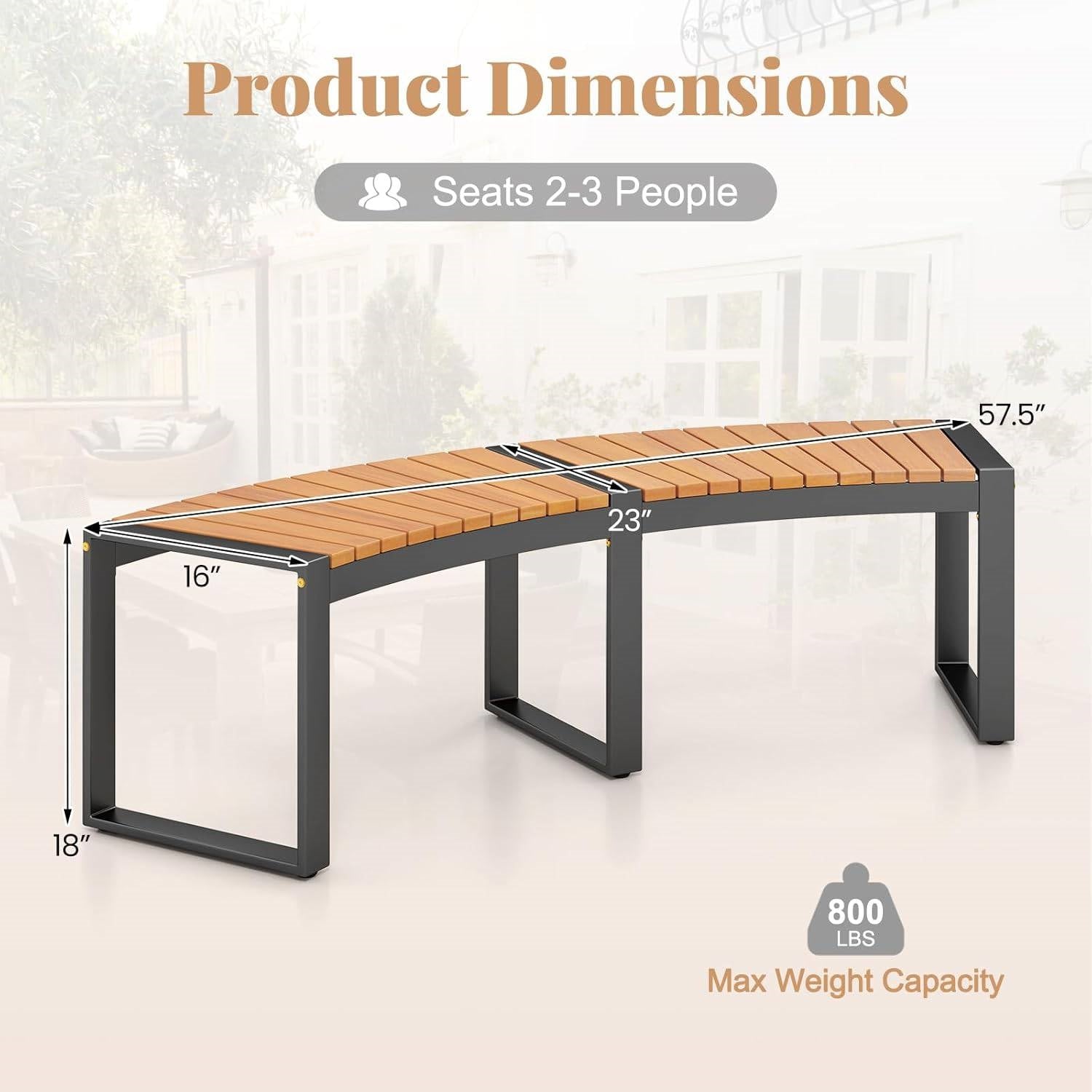 Outdoor Metal Frame Wood Slat Backless Garden Bench with Modern Arch Design-4
