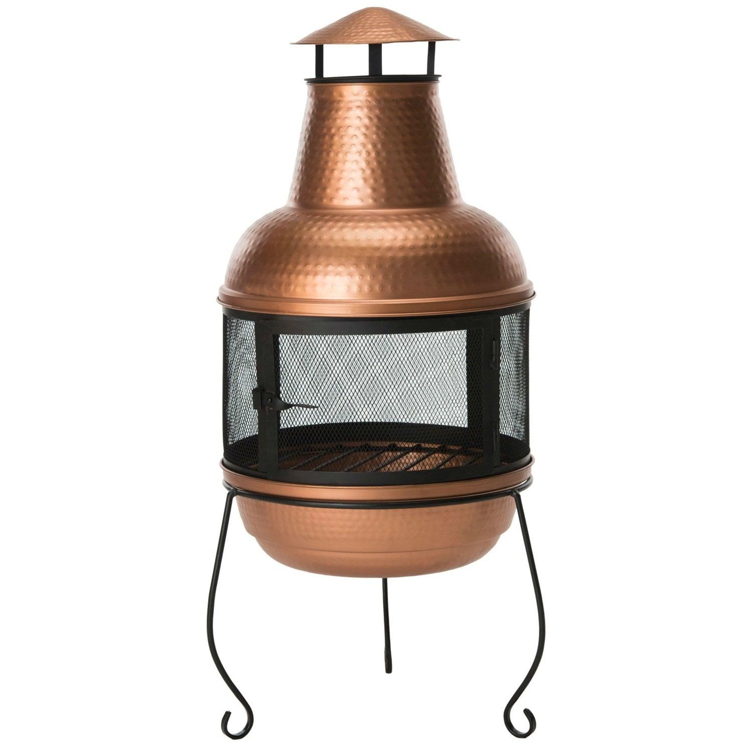 Hammered Copper and Iron Chiminea Fire Pit with Stand - PRHOMZ