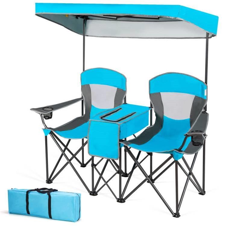 Light Blue 2-Piece Folding Canopy Chair Set with Cup Holder and Storage Pocket - PRHOMZ