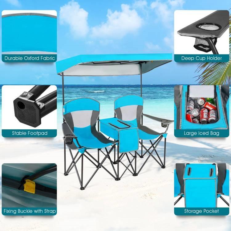 Light Blue 2-Piece Folding Canopy Chair Set with Cup Holder and Storage Pocket - PRHOMZ