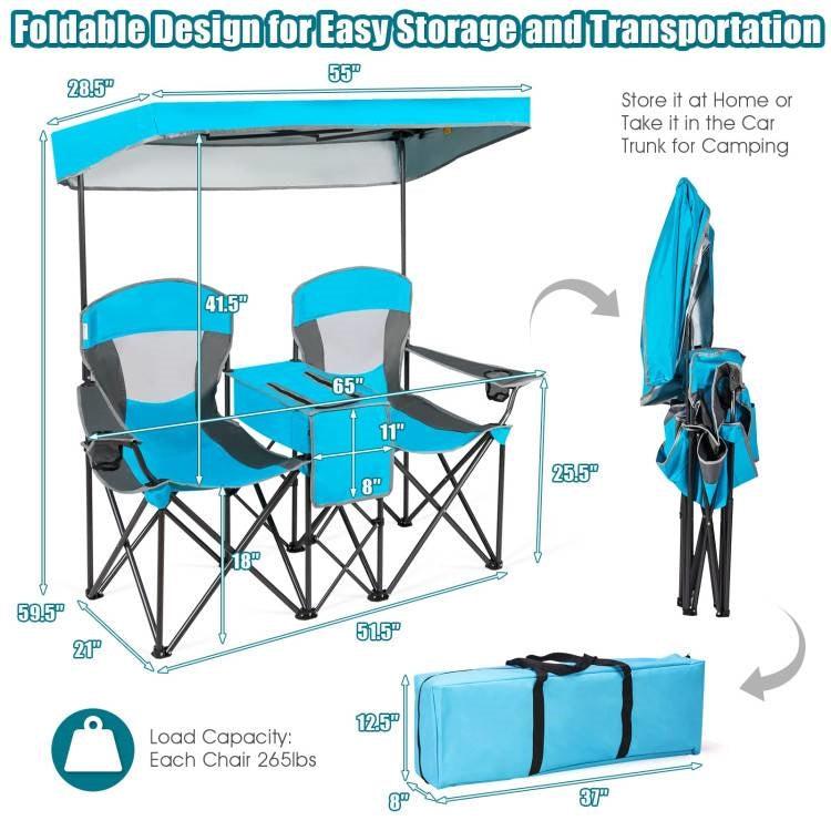 Light Blue 2-Piece Folding Canopy Chair Set with Cup Holder and Storage Pocket - PRHOMZ