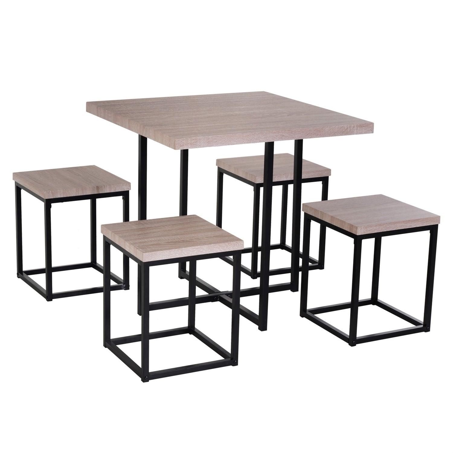 Farmhouse 5 Piece Square Natural Wood Steel Kitchen Dining Set - PRHOMZ