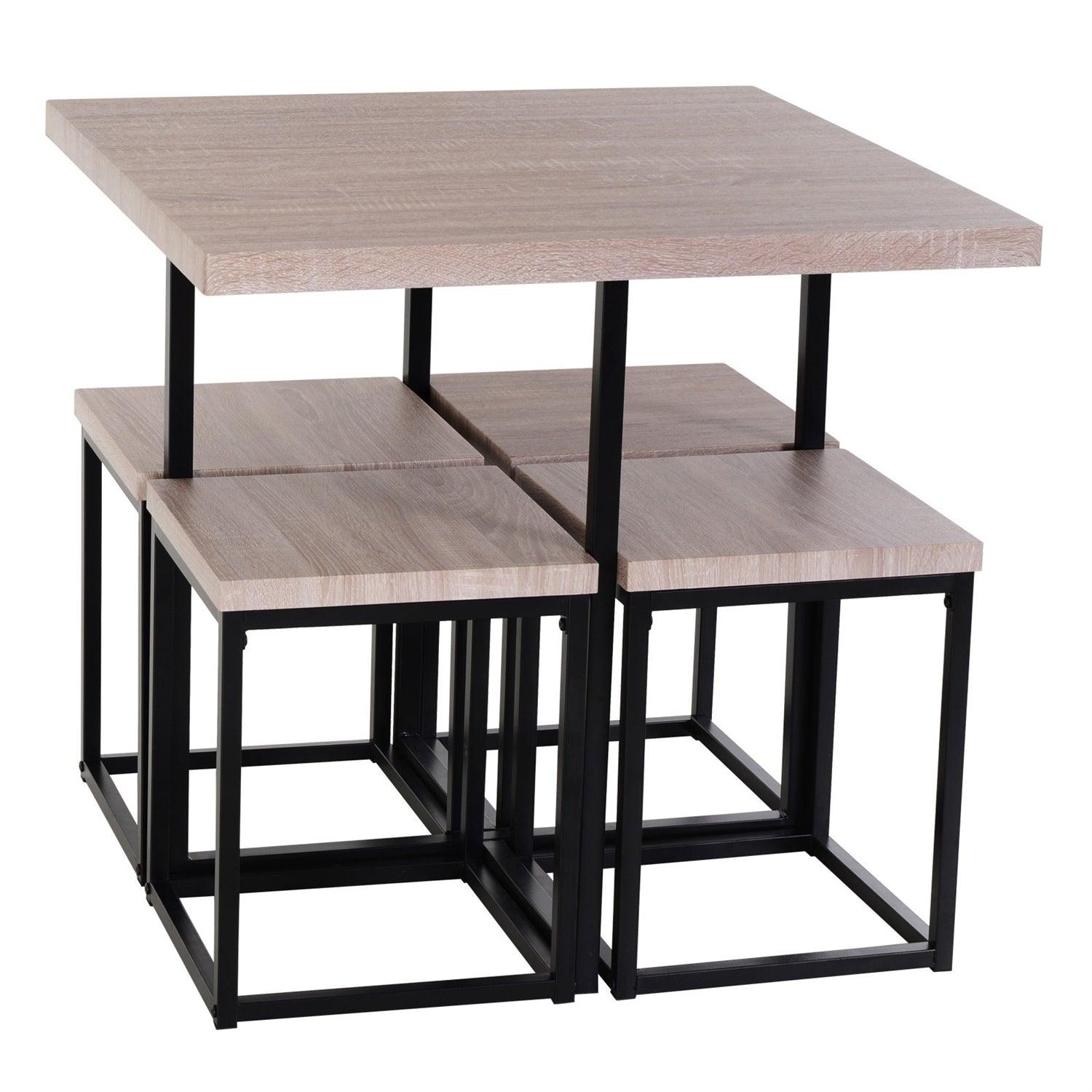 Farmhouse 5 Piece Square Natural Wood Steel Kitchen Dining Set - PRHOMZ