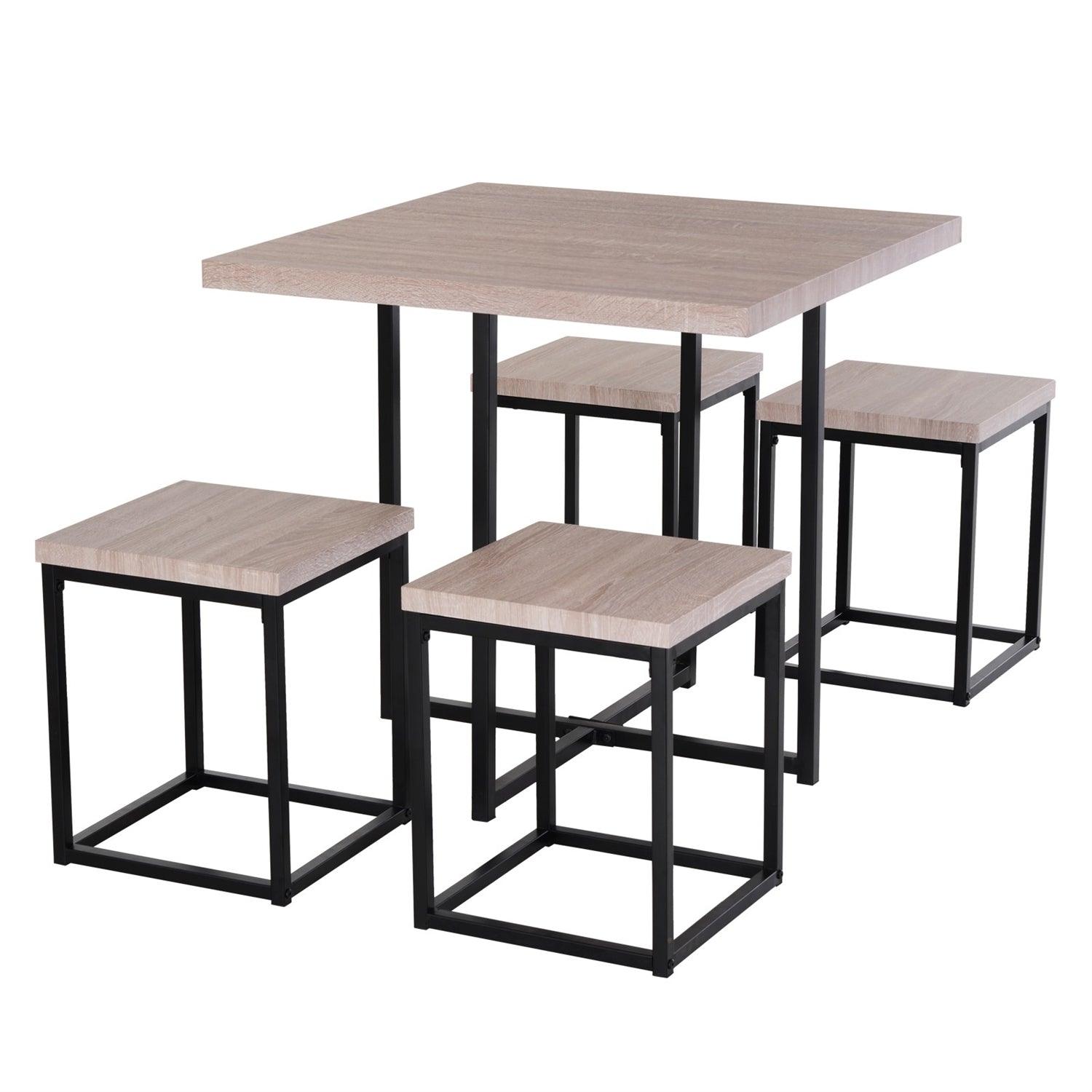 Farmhouse 5 Piece Square Natural Wood Steel Kitchen Dining Set - PRHOMZ
