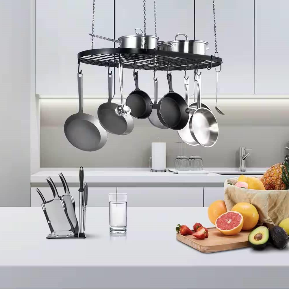 Black Carbon Steel Ceiling Mount Oval Hanging Kitchen Pot Rack with 12 Hooks - PRHOMZ