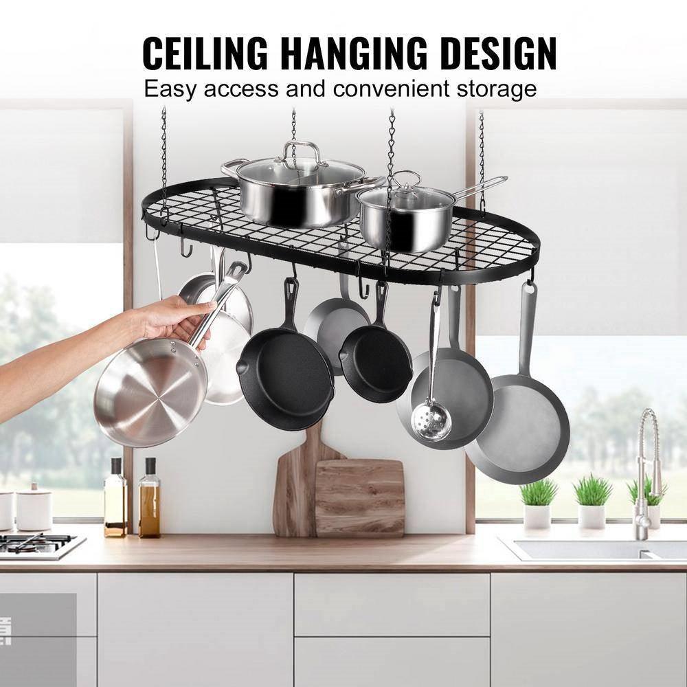 Black Carbon Steel Ceiling Mount Oval Hanging Kitchen Pot Rack with 12 Hooks - PRHOMZ
