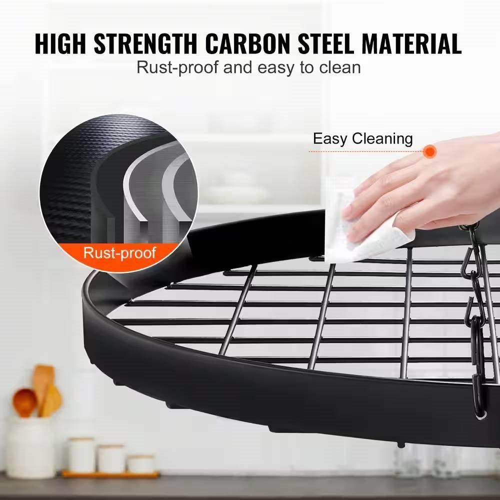Black Carbon Steel Ceiling Mount Oval Hanging Kitchen Pot Rack with 12 Hooks - PRHOMZ