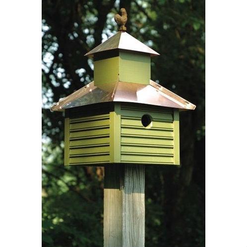 Pinion Green Birdhouse with White / Bright Copper Roof and Rooster Top - PRHOMZ