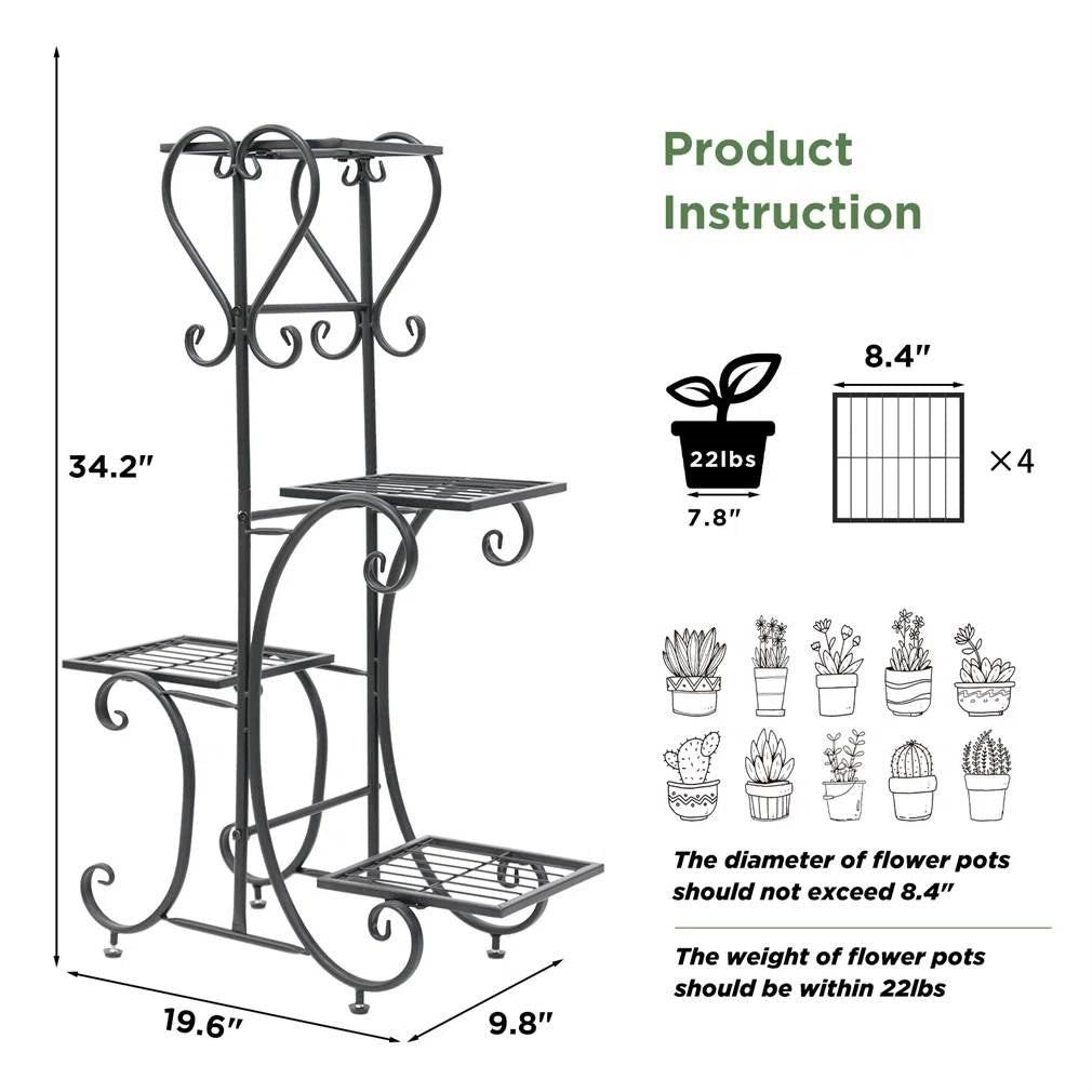 Elegant Black Metal 4-Shelf Plant Stand-4