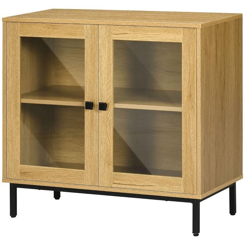 Modern Glass Door Sideboard Buffet Dining Storage Cabinet in Oak Wood Finish - PRHOMZ