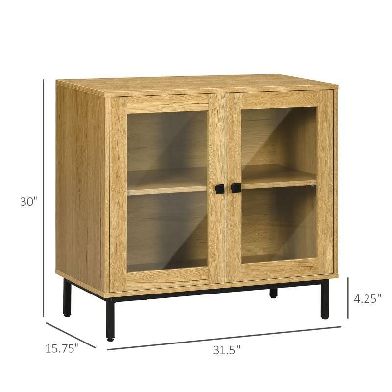 Modern Glass Door Sideboard Buffet Dining Storage Cabinet in Oak Wood Finish - PRHOMZ