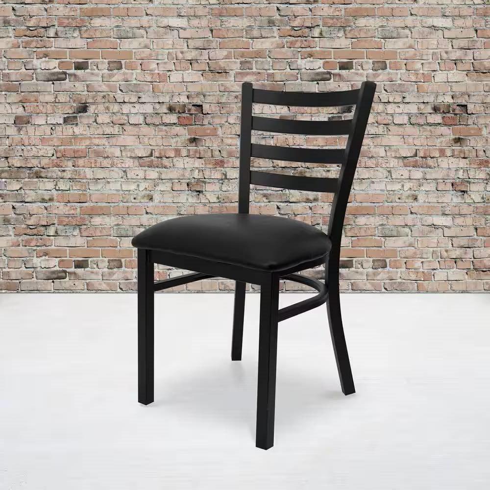 Black Metal Dining Chair with Slatted Back and Vinyl Seat - PRHOMZ