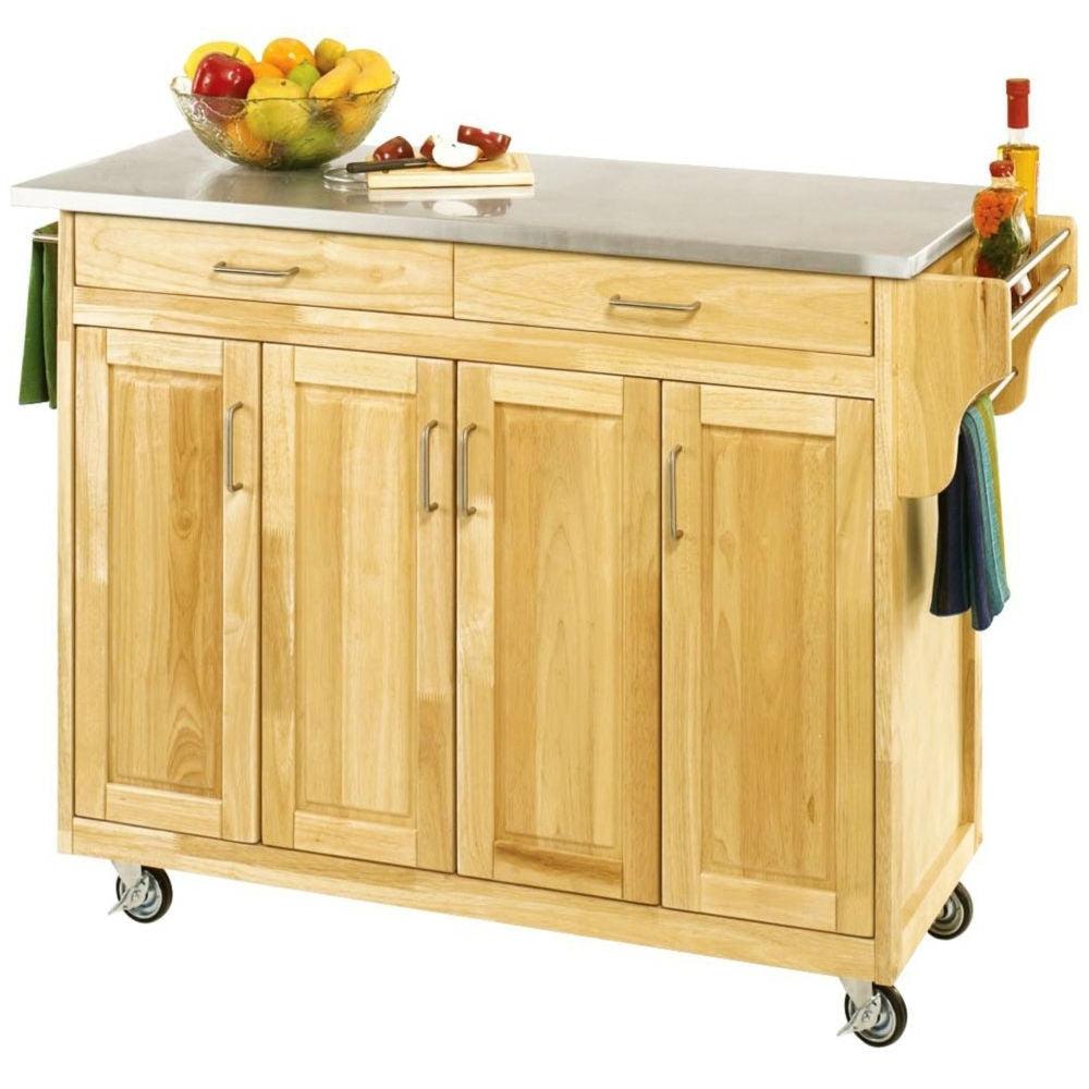 Stainless Steel Top Wooden Kitchen Cart Island with Casters - PRHOMZ