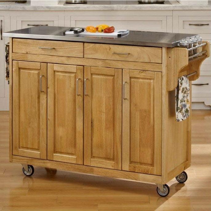 Stainless Steel Top Wooden Kitchen Cart Island with Casters - PRHOMZ