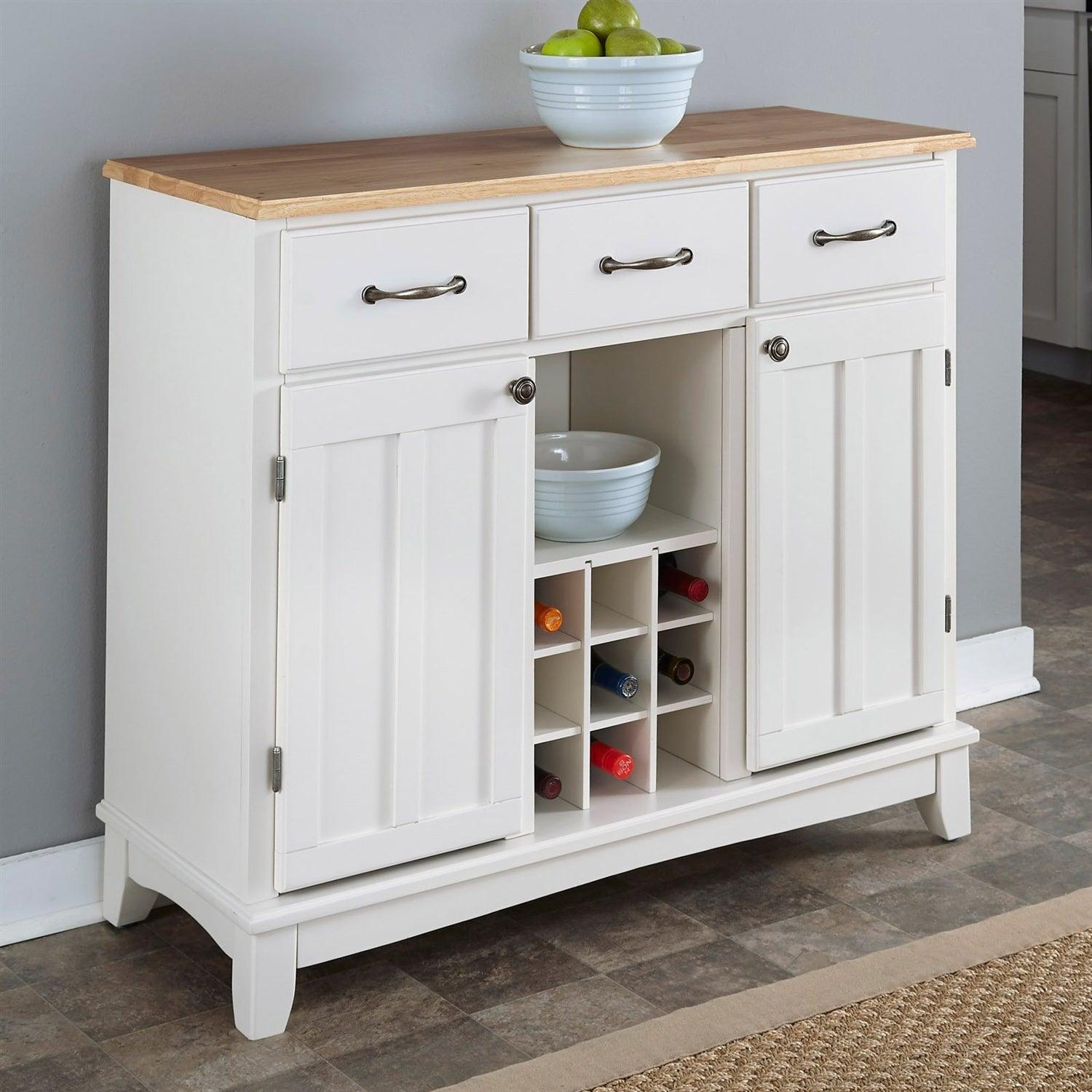 Natural Wood Top Kitchen Island Sideboard Cabinet Wine Rack in White - PRHOMZ