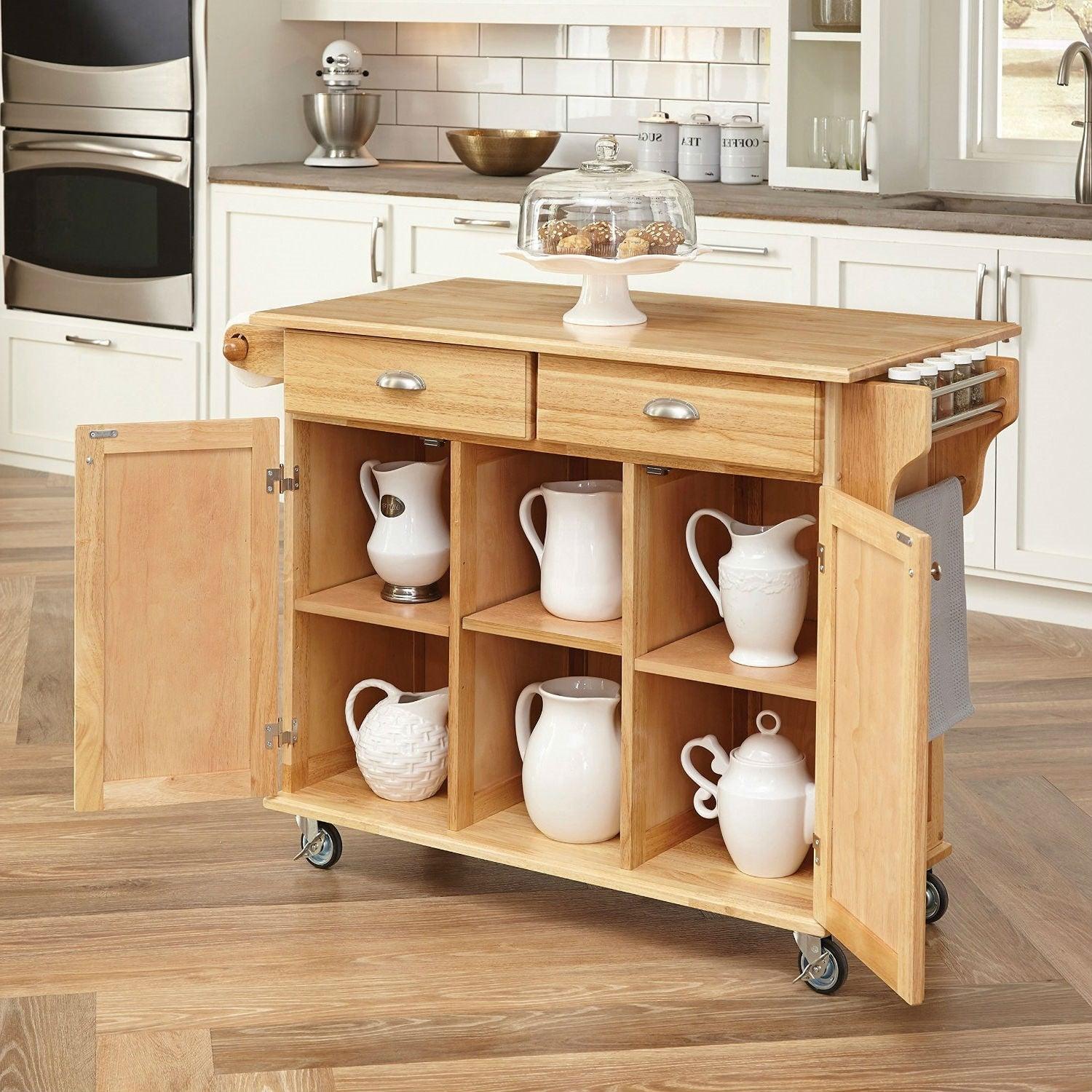 Natural Wood Finish Kitchen Island Cart with Locking Casters - PRHOMZ