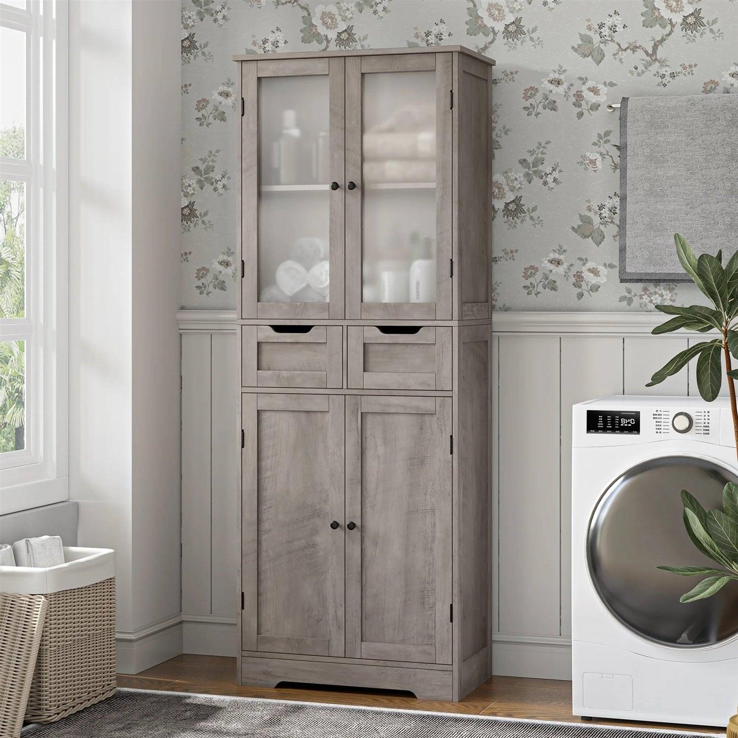 Farmhouse Bathroom Linen Cabinet with Storage Drawers in Grey Taupe Wood Finish-1