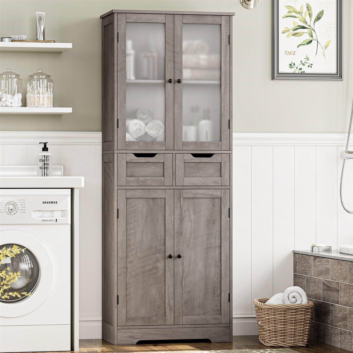 Farmhouse Bathroom Linen Cabinet with Storage Drawers in Grey Taupe Wood Finish-2