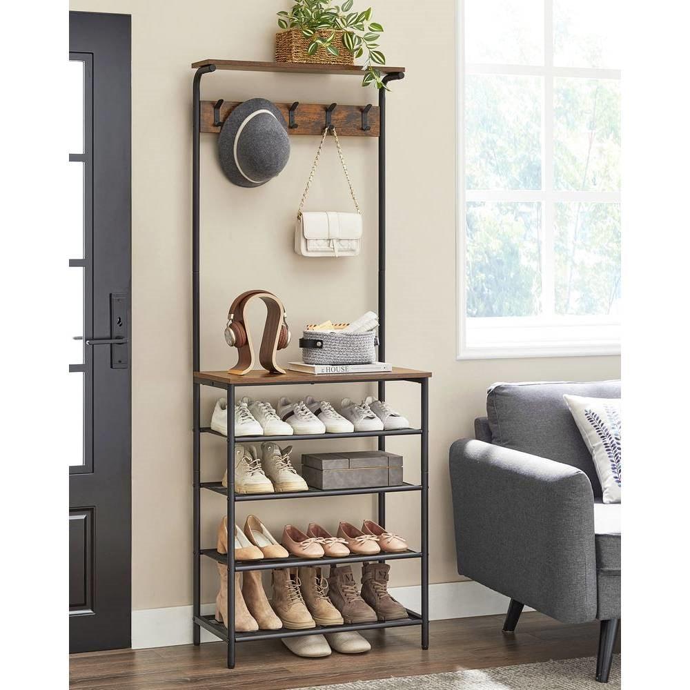 Modern Industrial Style Hall Tree Coat Rack Entryway Shoe Rack with 4 Shelves - PRHOMZ