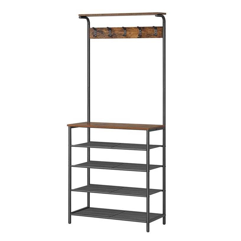 Modern Industrial Style Hall Tree Coat Rack Entryway Shoe Rack with 4 Shelves - PRHOMZ