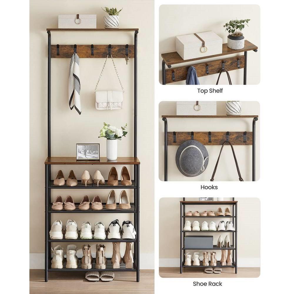 Modern Industrial Style Hall Tree Coat Rack Entryway Shoe Rack with 4 Shelves - PRHOMZ