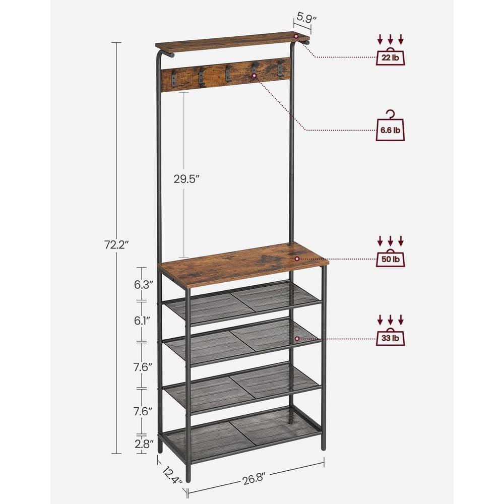 Modern Industrial Style Hall Tree Coat Rack Entryway Shoe Rack with 4 Shelves - PRHOMZ