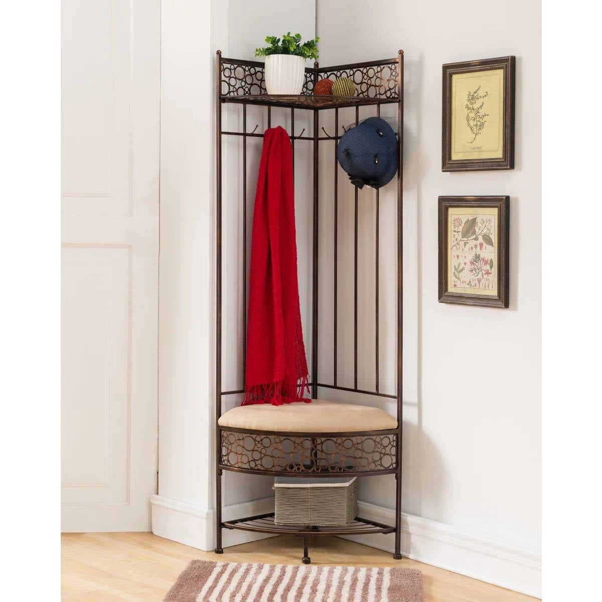 Metal Corner Hall Tree Foyer Entryway Shoe Storage Bench Coat Rack in Copper-0
