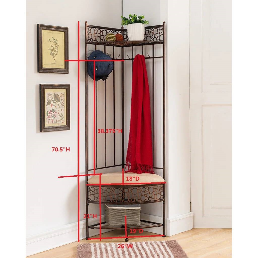Metal Corner Hall Tree Foyer Entryway Shoe Storage Bench Coat Rack in Copper-3