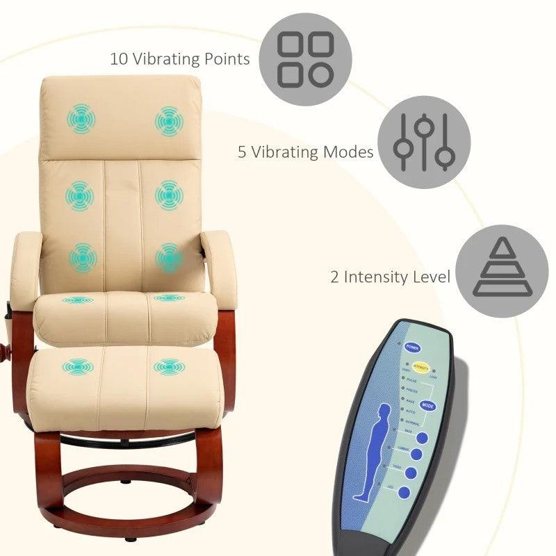 Adjustable Beige Faux Leather Electric Remote Massage Recliner Chair w/ Ottoman - PRHOMZ