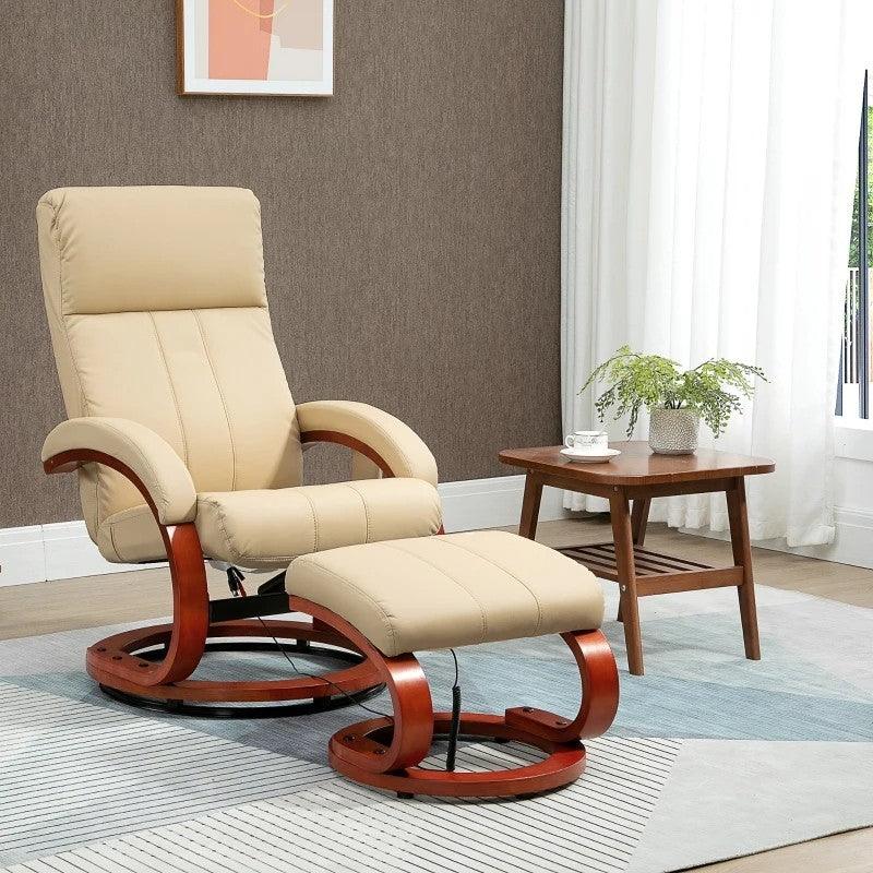 Adjustable Beige Faux Leather Electric Remote Massage Recliner Chair w/ Ottoman - PRHOMZ