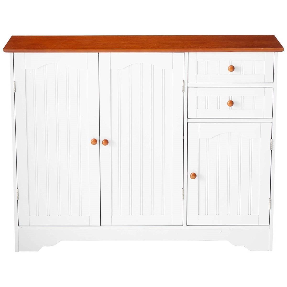White Wood Sideboard Buffet Cabinet with Walnut Finish Top and Knobs - PRHOMZ