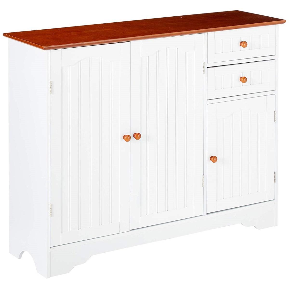 White Wood Sideboard Buffet Cabinet with Walnut Finish Top and Knobs - PRHOMZ