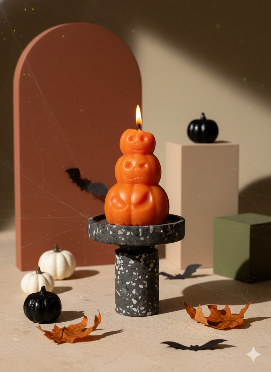 Hand-Poured Pumpkin Soy Candle – Fall Sculpture in Orange, Ivory & Gray