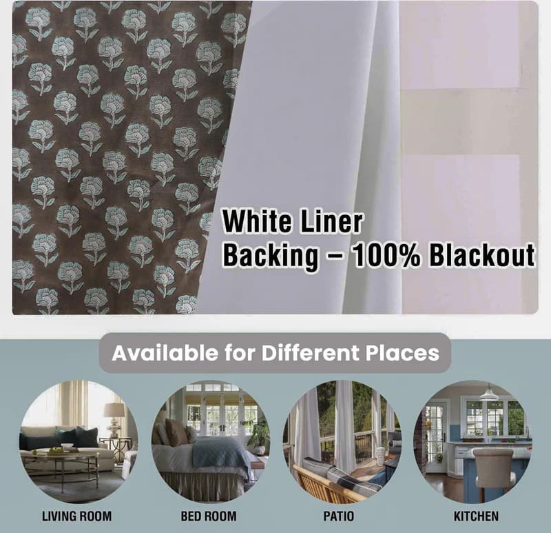 Block Print Floral Linen Blackout Curtains - Rohini