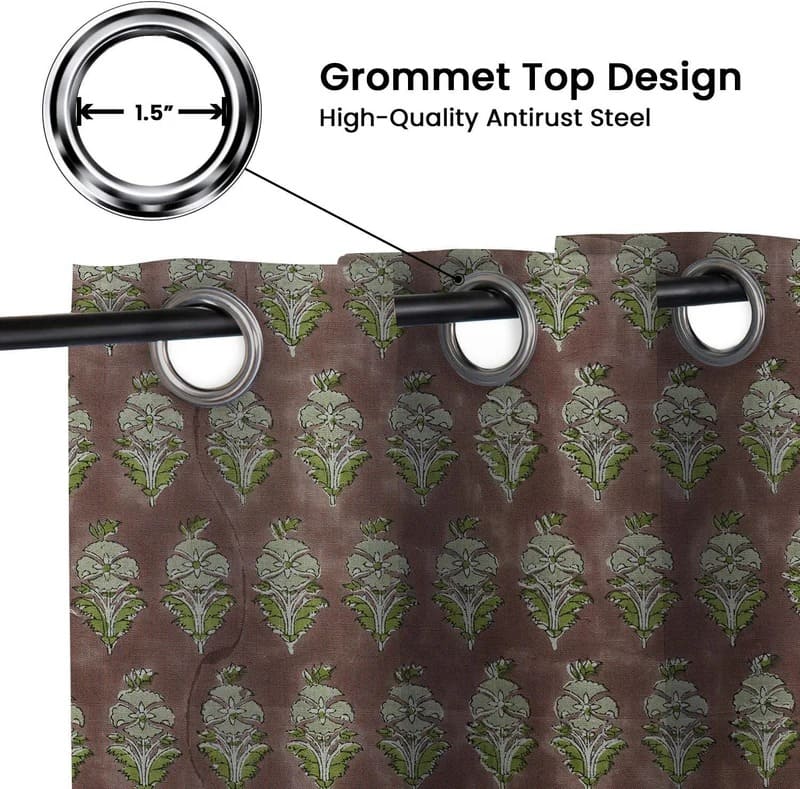 Block Print Floral Linen Blackout Curtains - Mormukut
