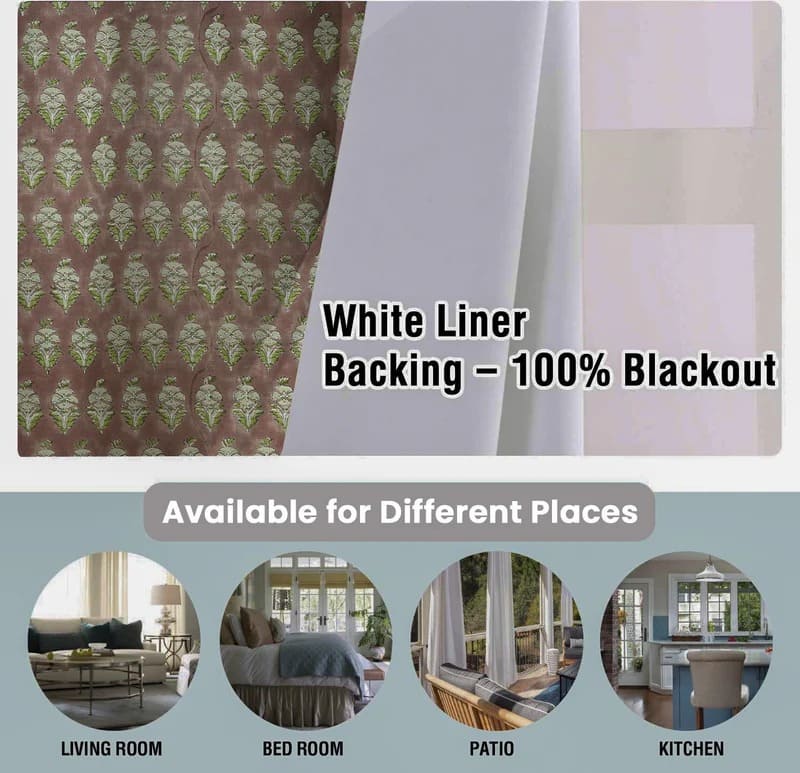 Block Print Floral Linen Blackout Curtains - Mormukut