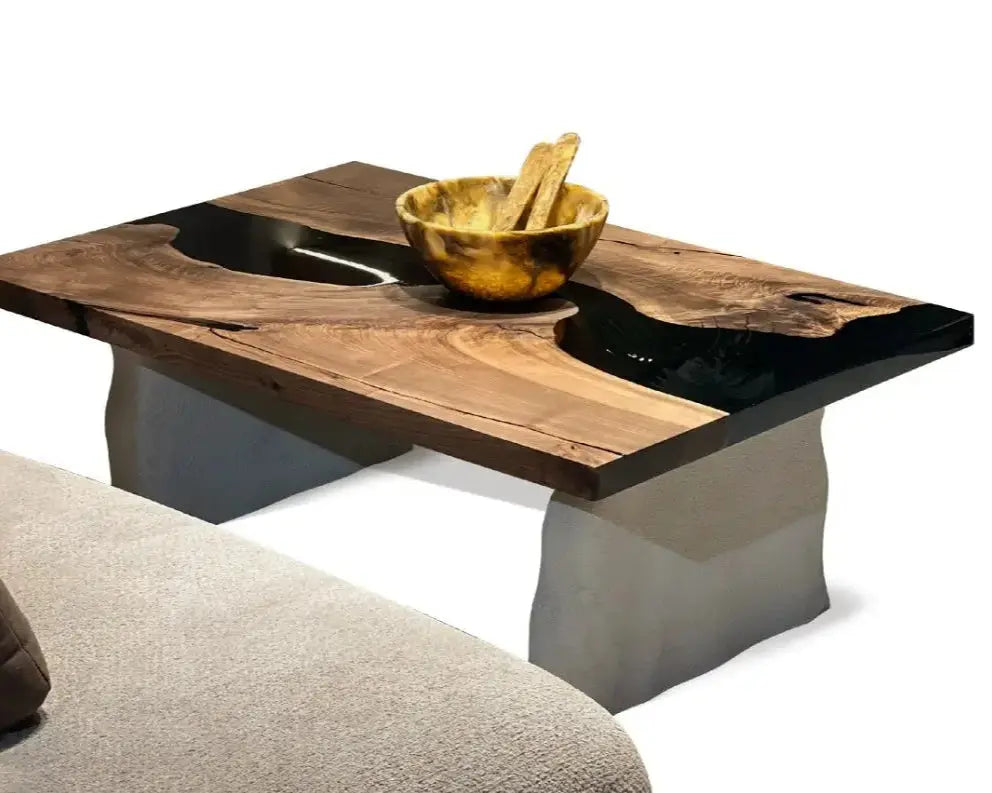 Epoxy-Resin Walnut Coffee Table With Stone Looking Legs