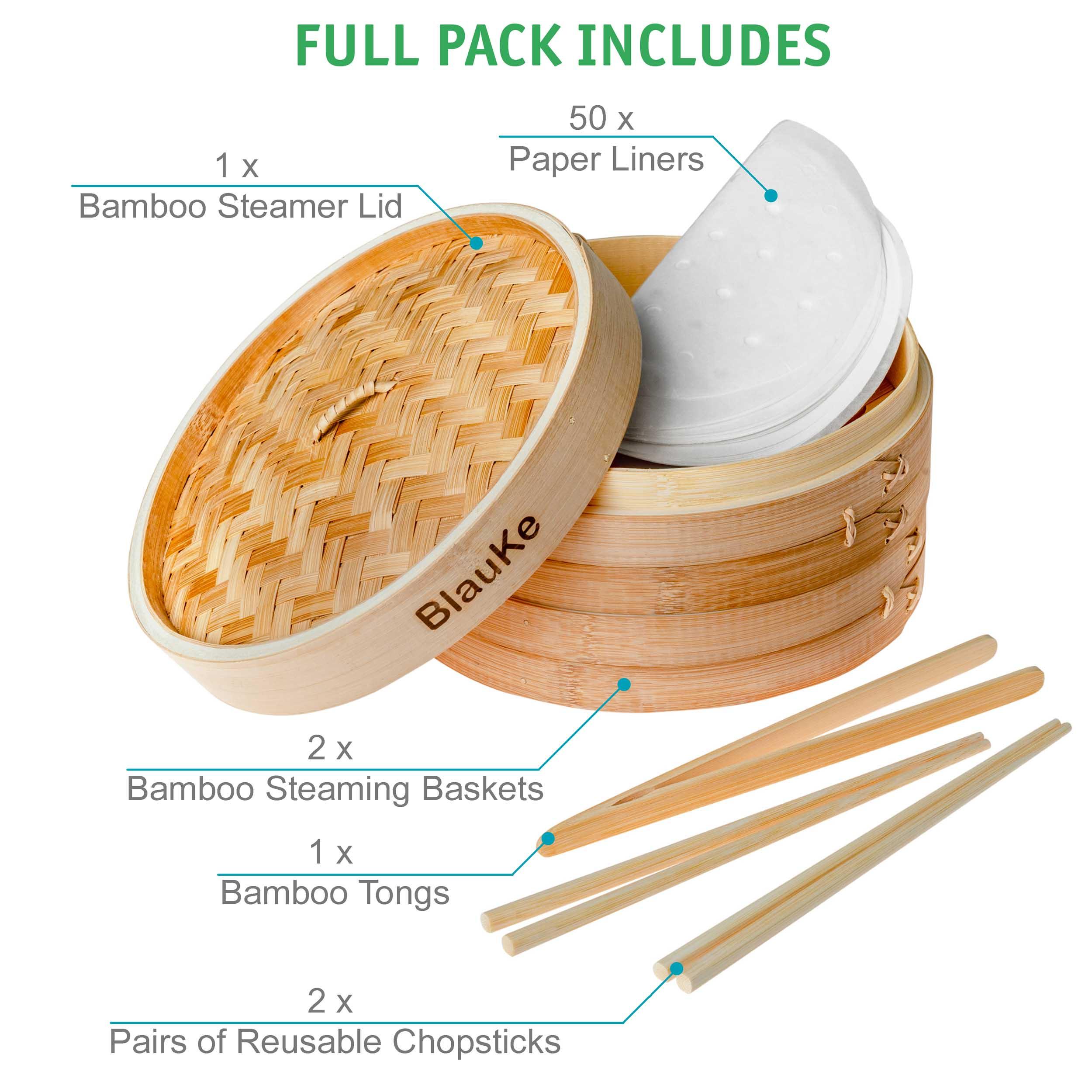 2-Tier Bamboo Steamer for Cooking Dumplings, Vegetables, Meat, Fish, Rice - Bamboo Steamer Basket 10 Inch with 2 Pairs Chopsticks, Tongs and 50 Paper Liners - PRHOMZ