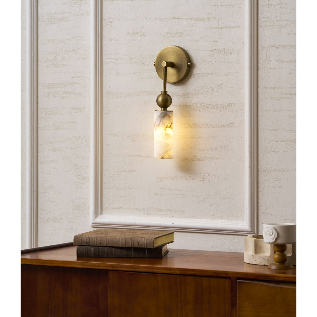 Natural Alabaster Wall Sconce with Brass Hardware | Warm Glow Bedside Light