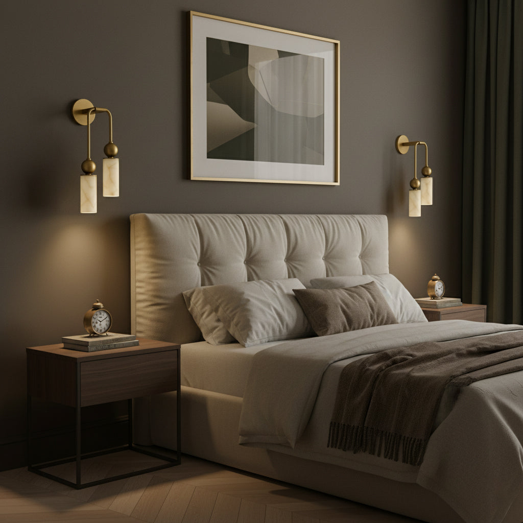 Natural Alabaster Wall Sconce with Brass Hardware | Warm Glow Bedside Light
