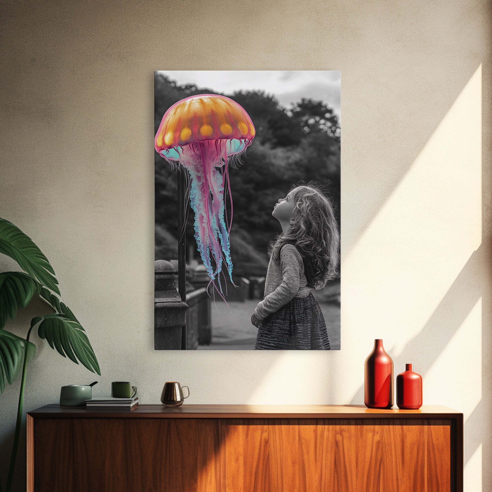 Surreal Jellyfish, Child Wonder, Fantasy Ocean Scene, Framed Canvas Print, Kids Room Wall Art, Vibrant Color Pop Art, Dreamy Decor