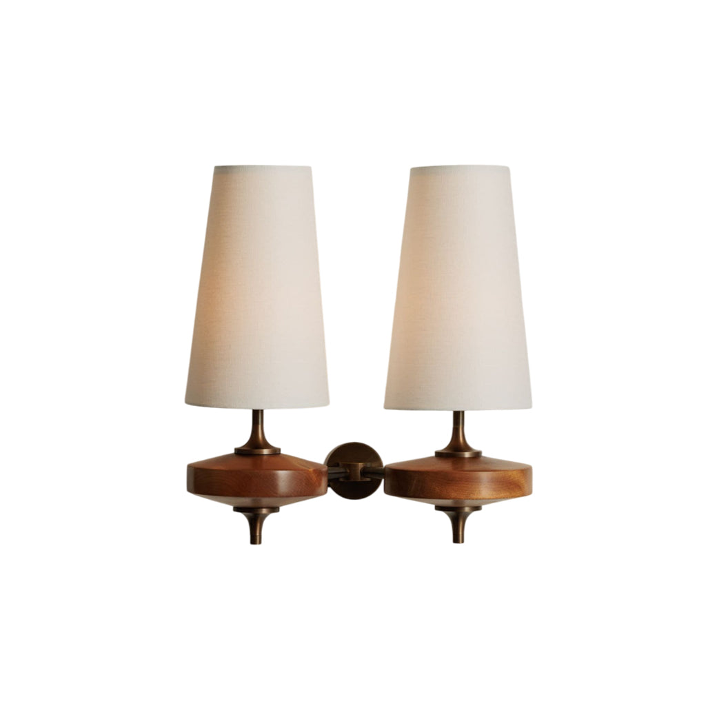 Walnut Wall Sconce with Antique Brass Hardware | Fabric Shade for Warm Ambient Light