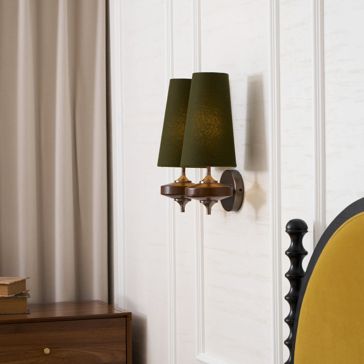 Walnut Wall Sconce with Antique Brass Hardware | Fabric Shade for Warm Ambient Light