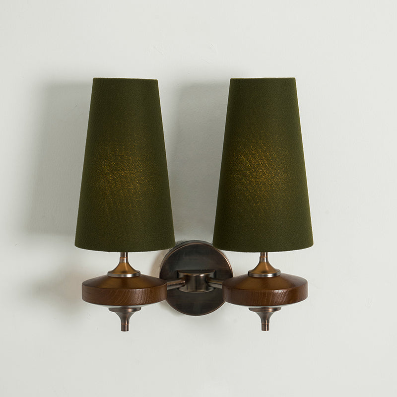 Walnut Wall Sconce with Antique Brass Hardware | Fabric Shade for Warm Ambient Light