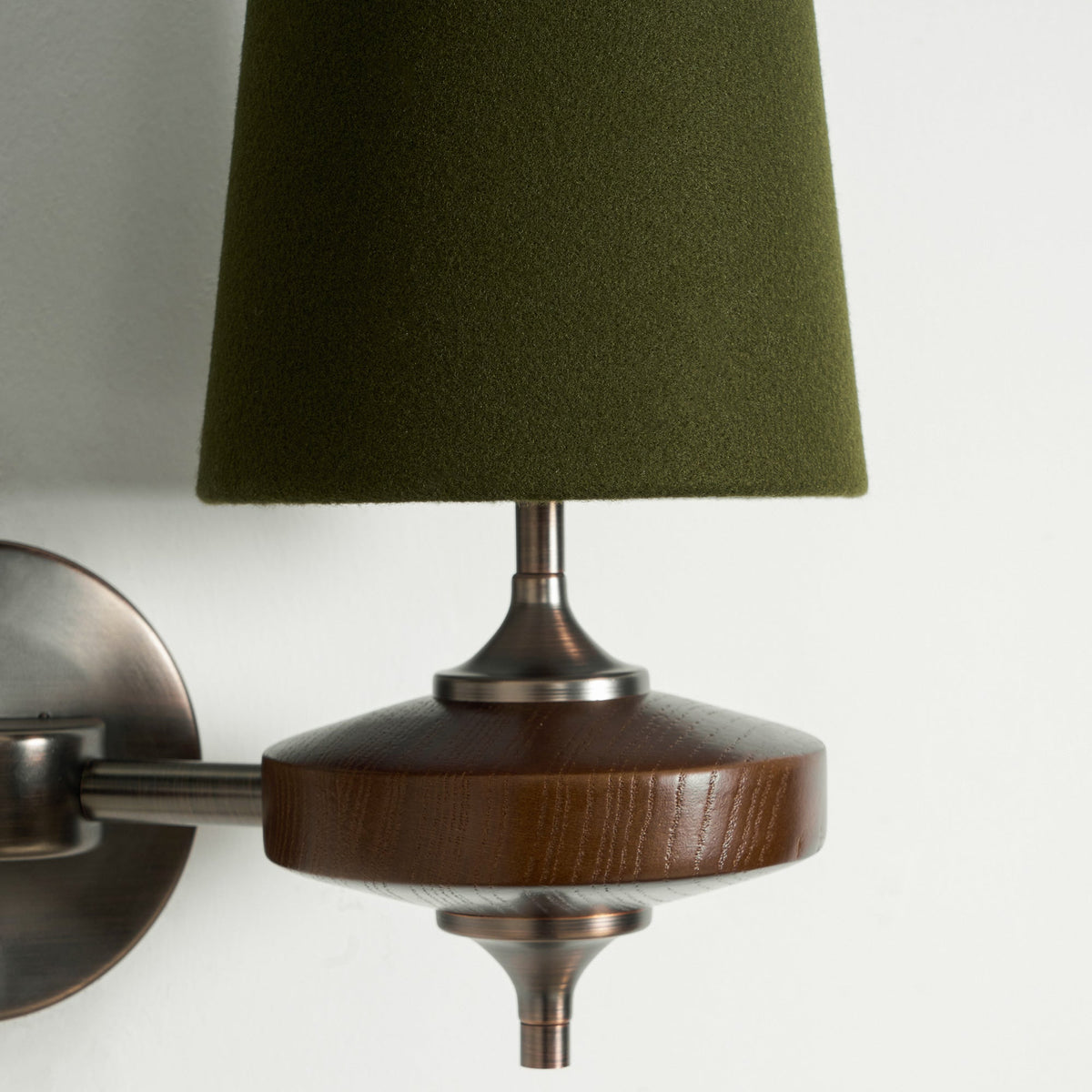 Walnut Wall Sconce with Antique Brass Hardware | Fabric Shade for Warm Ambient Light