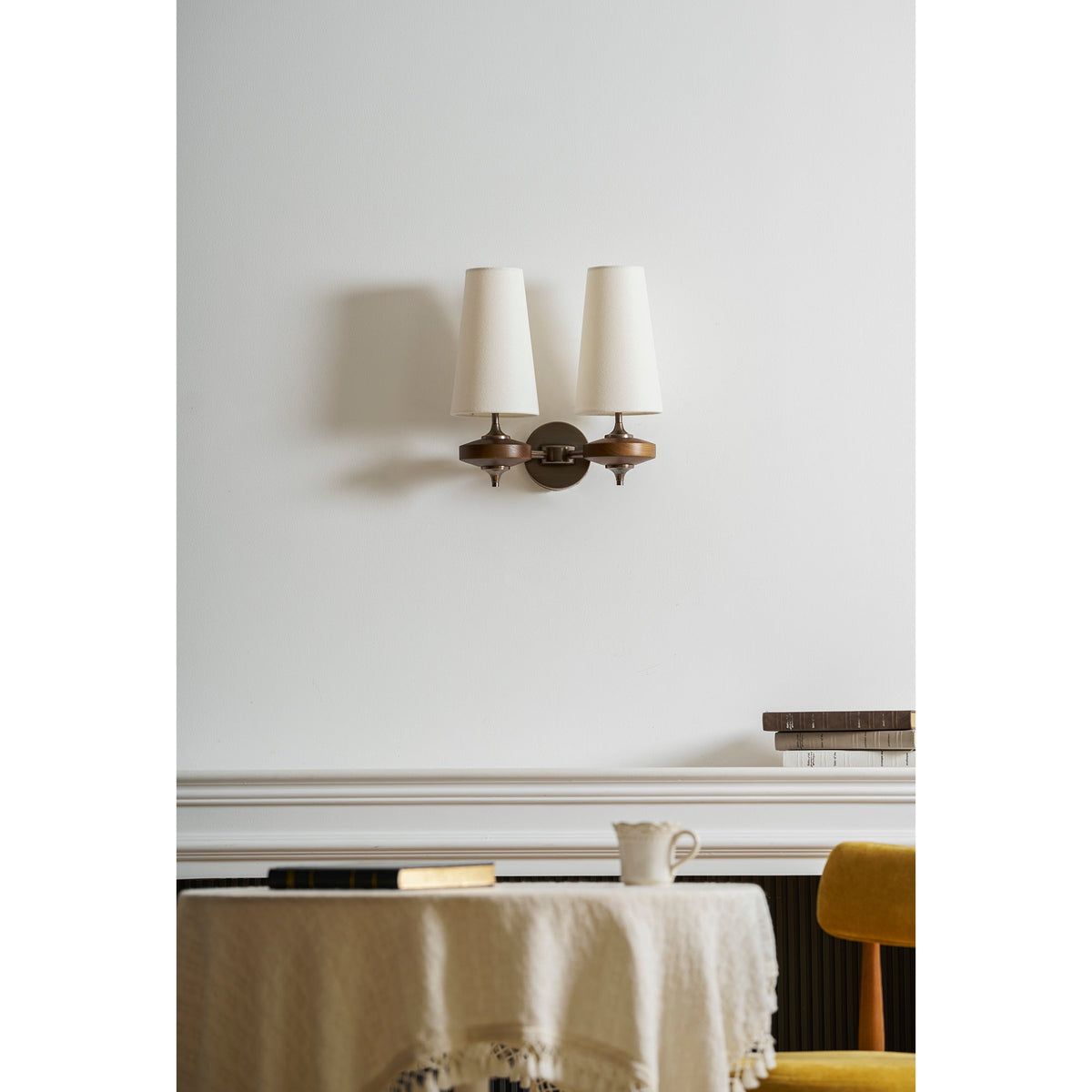 Walnut Wall Sconce with Antique Brass Hardware | Fabric Shade for Warm Ambient Light