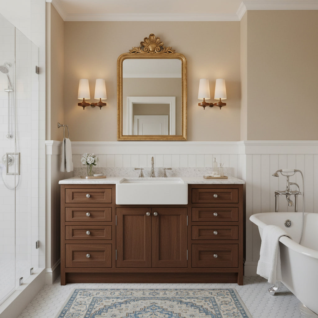 Walnut Wall Sconce with Antique Brass Hardware | Fabric Shade for Warm Ambient Light