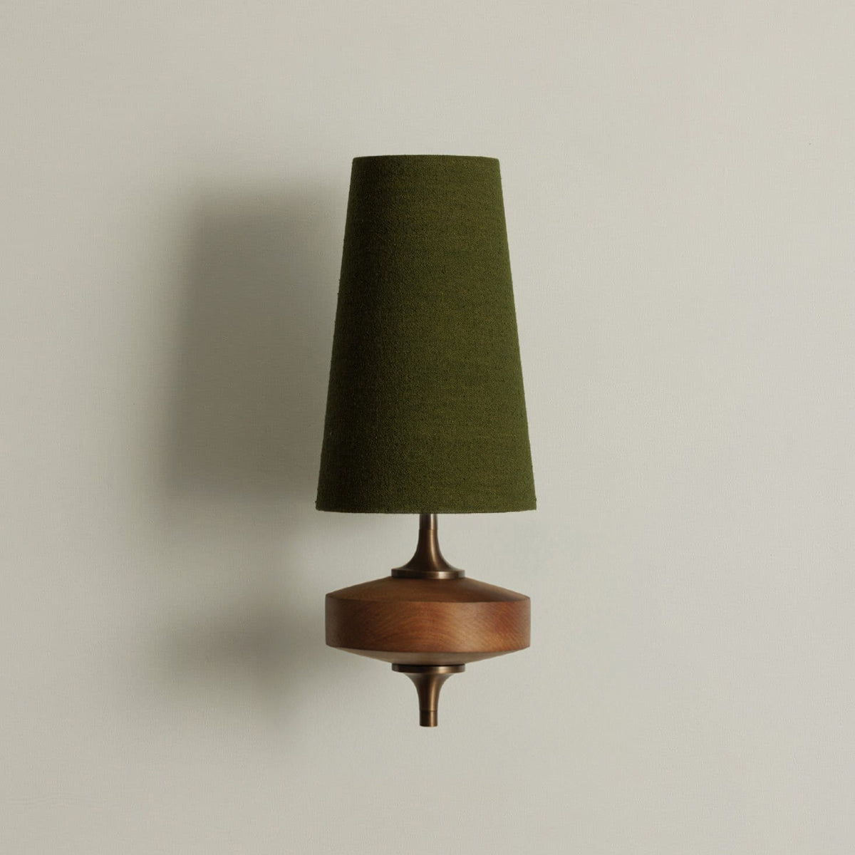 Walnut Wall Sconce with Antique Brass Hardware | Fabric Shade for Warm Ambient Light